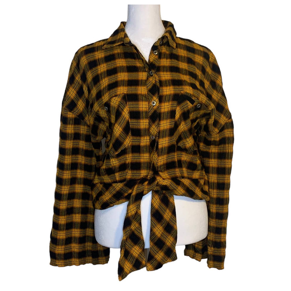 Plaid Button-Up Tie-Front Shirt